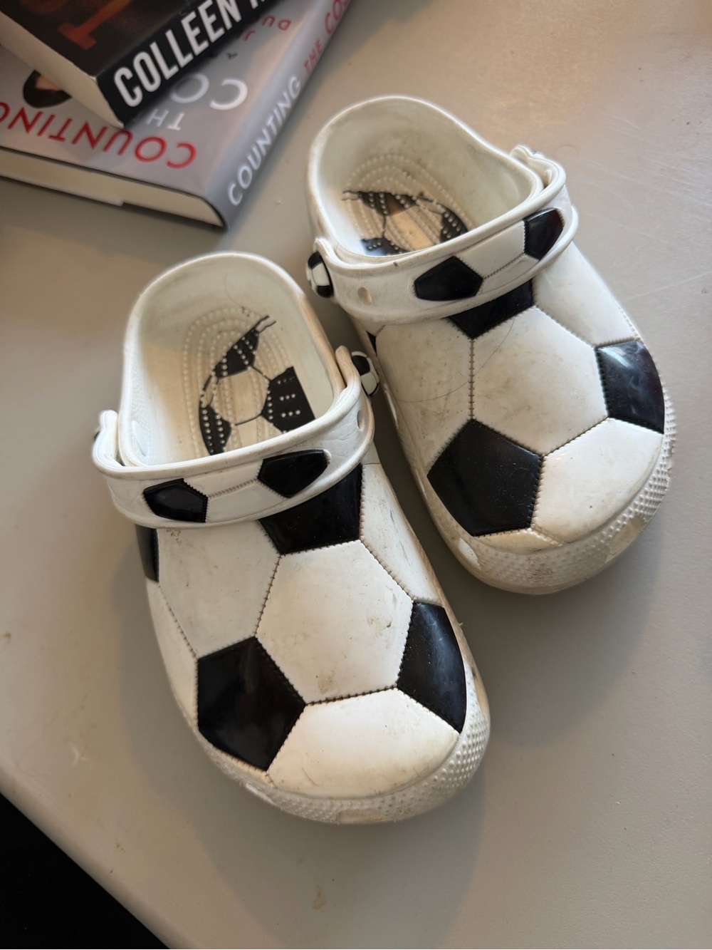 CROCS Kids White and Black Soccer Print Clogs